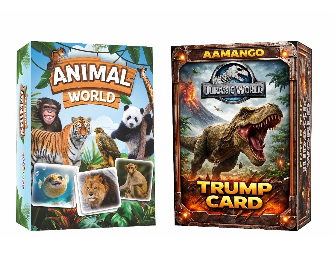Combo_Front Aamango Jurassic World & Animal World Trump Cards Combo Pack (63 Cards Each) | Educational Card Game for Kids | Learn Dinosaurs, Animals, Facts & Stat - Image 1